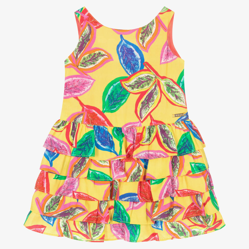 Pan Con Chocolate Babies' Girls Yellow Leaf Print Cotton Dress
