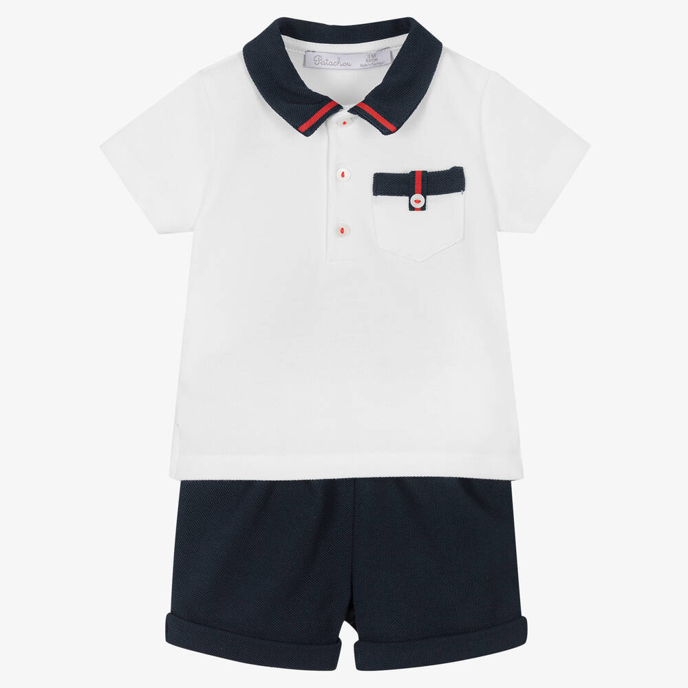 Patachou - Baby Boys Blue & White Cotton Shorts Set | Childrensalon
