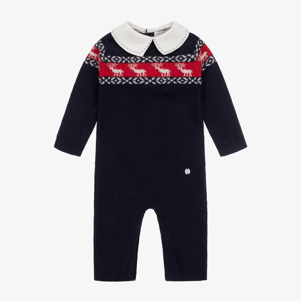 Patachou - Baby Boys Blue Wool Knit Reindeer Romper | Childrensalon