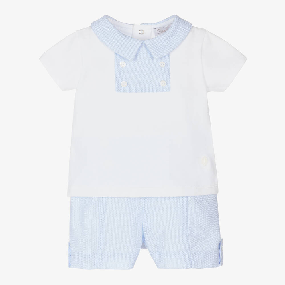 Patachou - Baby Boys White & Blue Cotton Shorts Set | Childrensalon