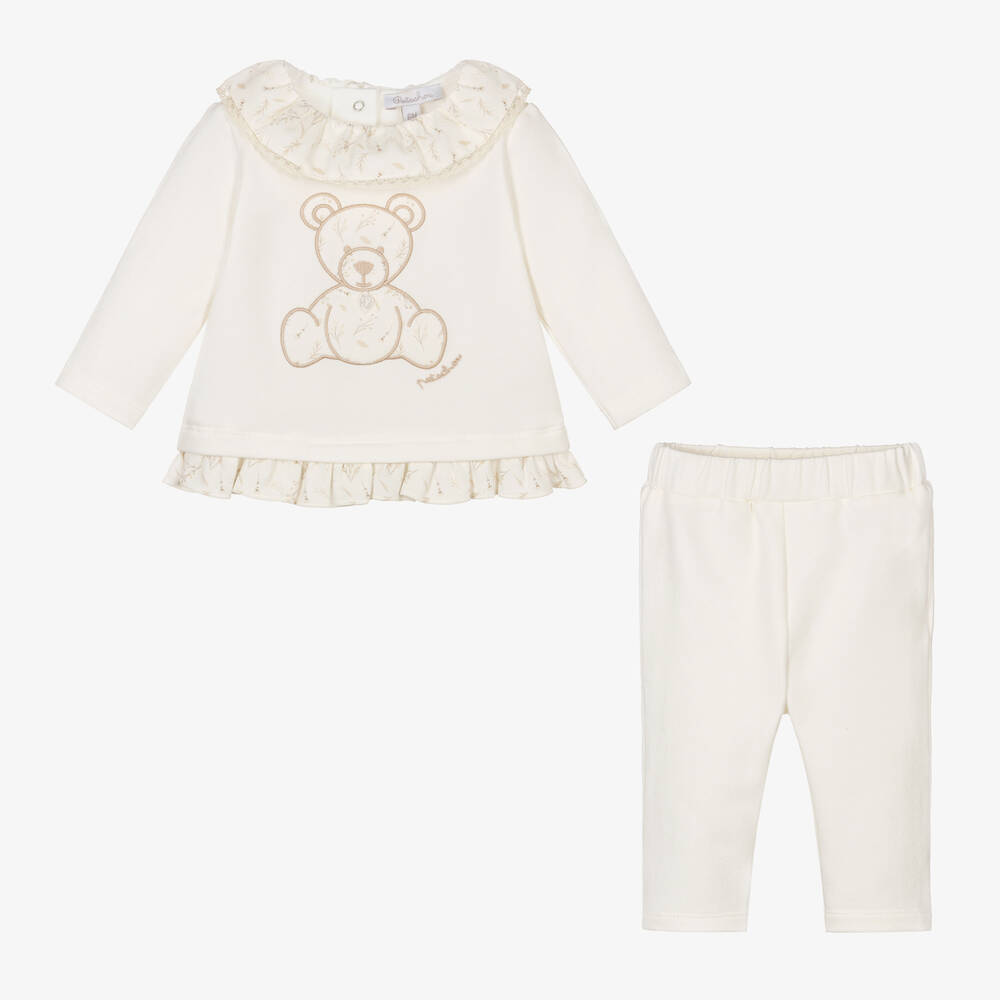 Patachou - Baby Girls Ivory Cotton Bear Trouser Set | Childrensalon