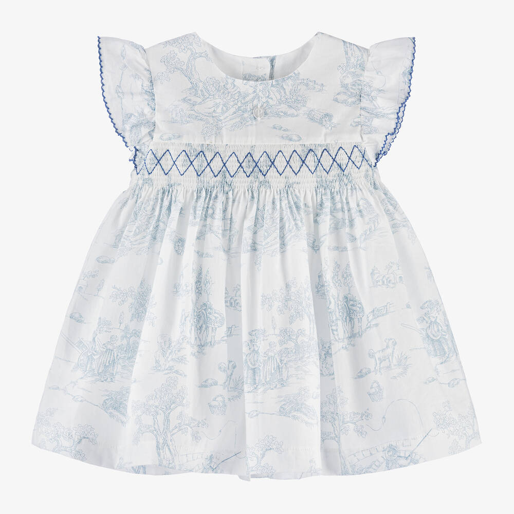 Patachou - Baby Girls White & Blue Cotton Dress | Childrensalon