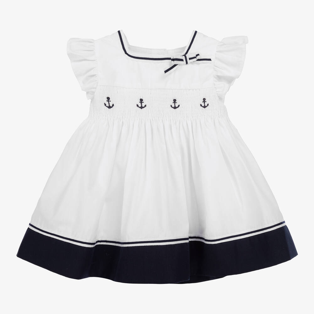 Patachou - Baby Girls White & Blue Cotton Dress | Childrensalon
