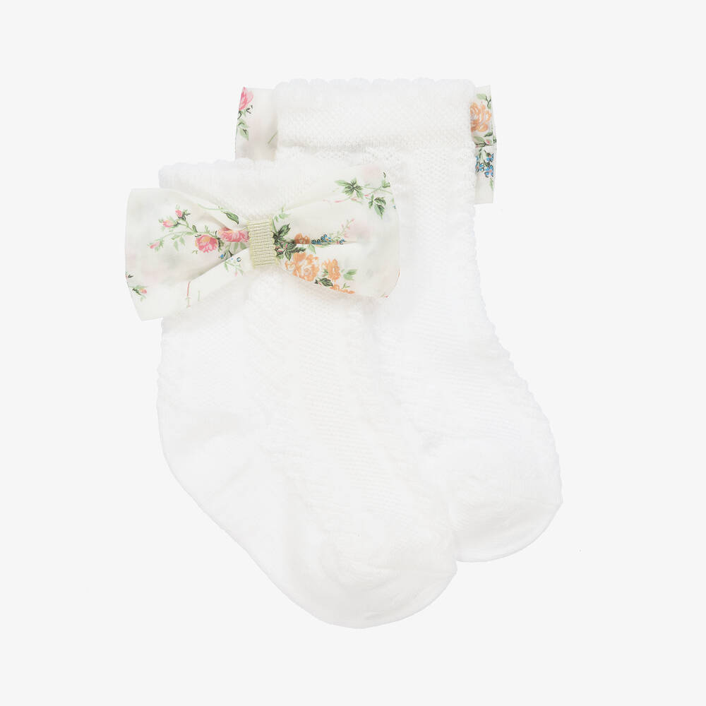 Patachou - Baby Girls White Cotton Floral Bow Socks | Childrensalon
