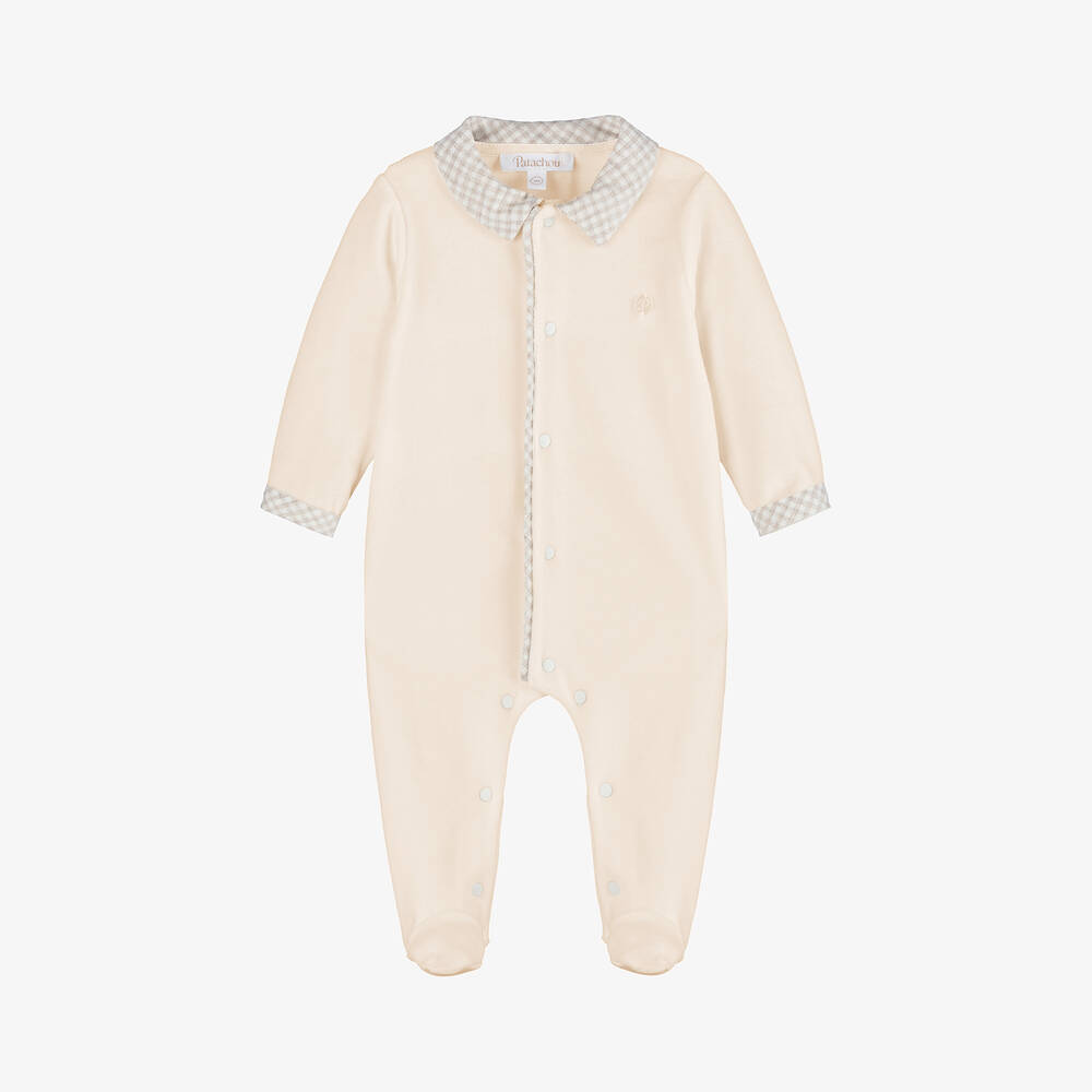 Patachou - Beige Gingham Velour Babygrow | Childrensalon