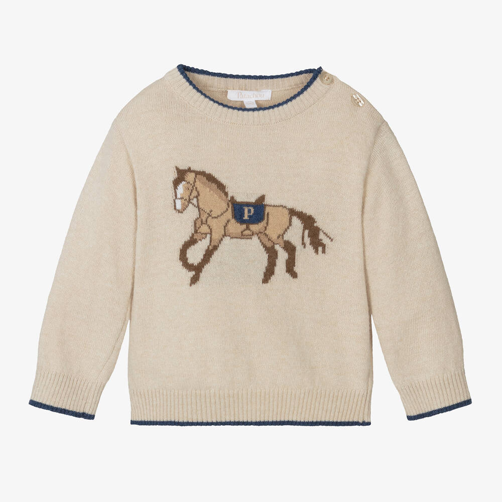Patachou - Boys Beige Knitted Horse Sweater | Childrensalon