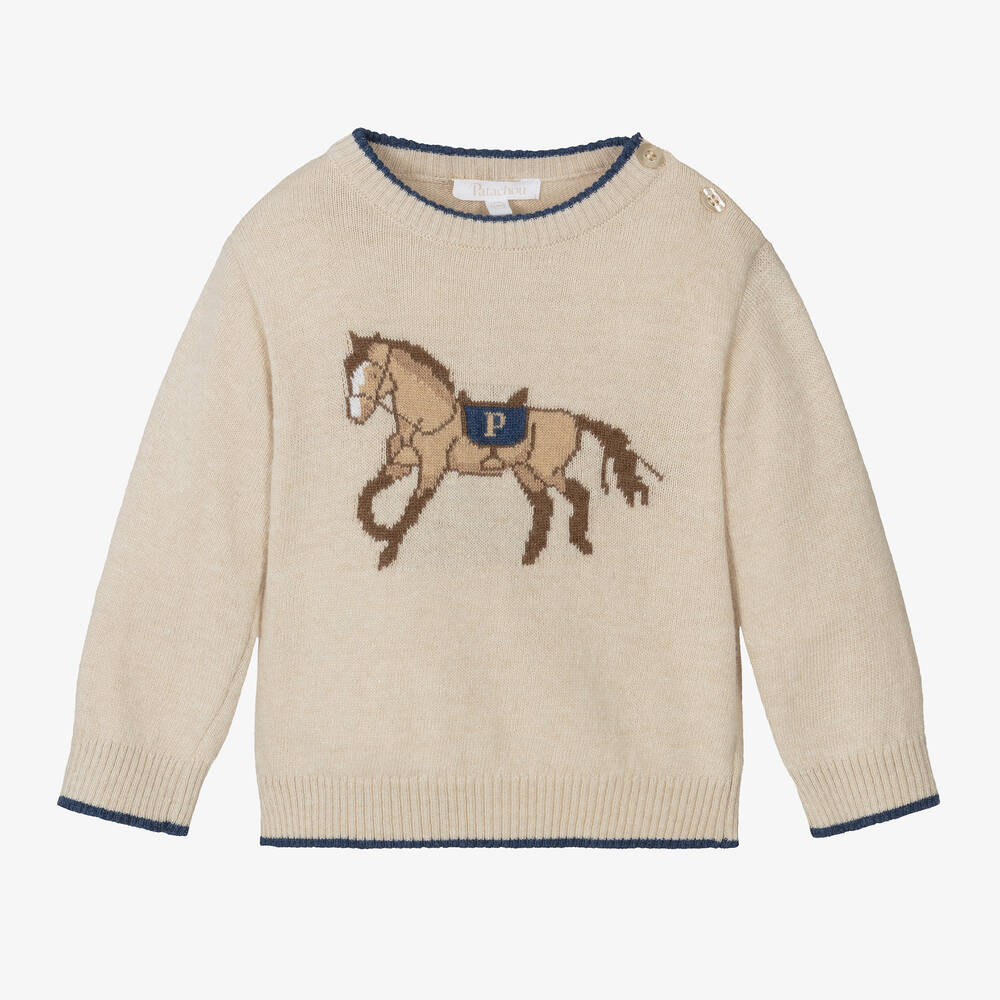 Patachou - Boys Beige Wool Knit Horse Sweater | Childrensalon