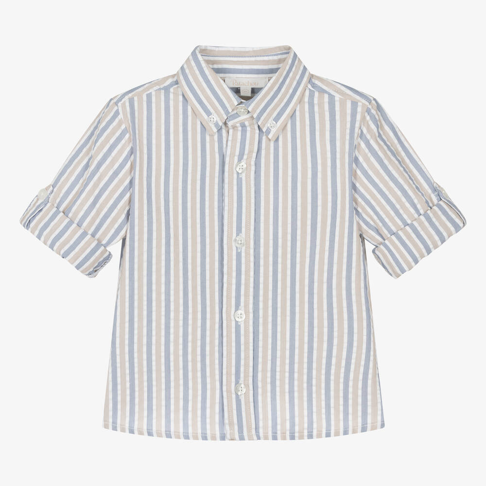 Patachou - Boys Blue & Beige Striped Cotton Shirt | Childrensalon