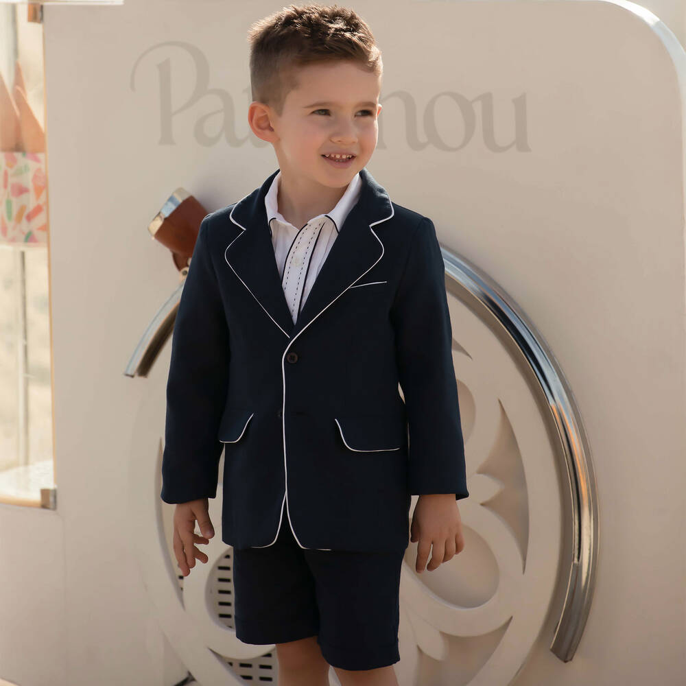 Patachou - Boys Blue Cotton & Linen Shorts Suit | Childrensalon