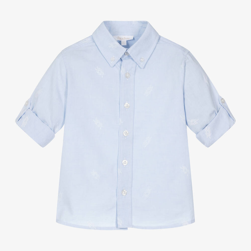 Patachou - Boys Blue Cotton Rope-Embroidered Shirt | Childrensalon