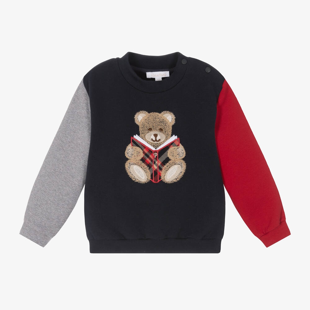 Patachou - Boys Blue Cotton Teddy Bear Sweatshirt | Childrensalon