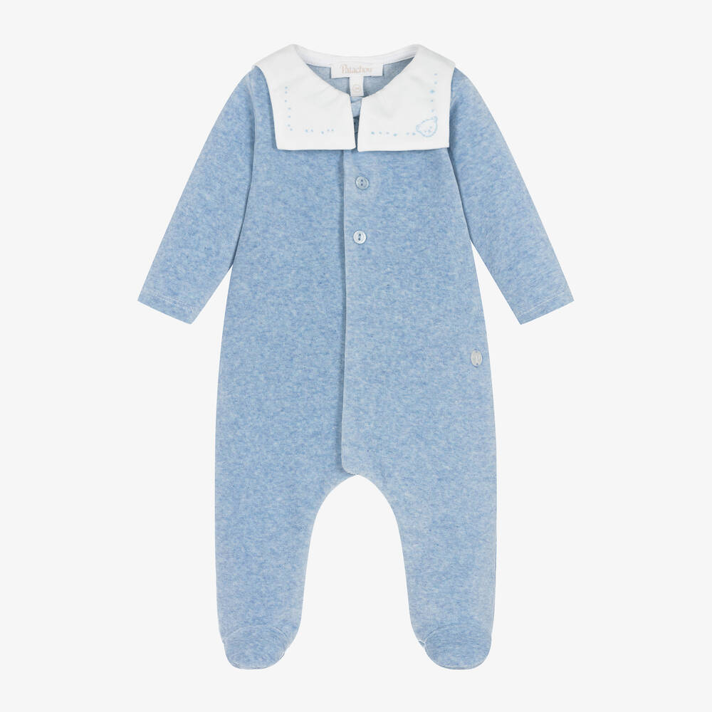 Patachou - Boys Blue Cotton Velour Babygrow | Childrensalon