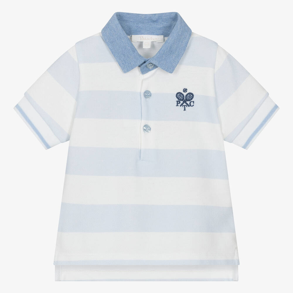 Patachou - Boys Blue Striped Cotton Piqué Polo Shirt | Childrensalon
