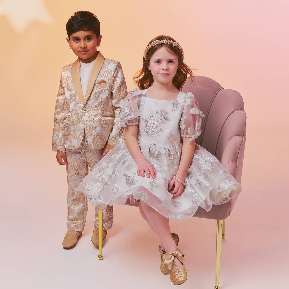 Patachou-Boys Gold & Silver Floral Brocade Suit | Childrensalon