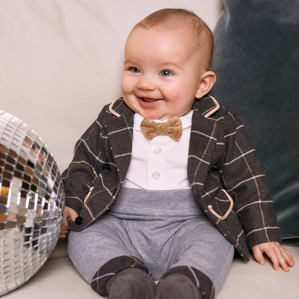 Patachou-Boys Grey Check Suit Babygrow | Childrensalon