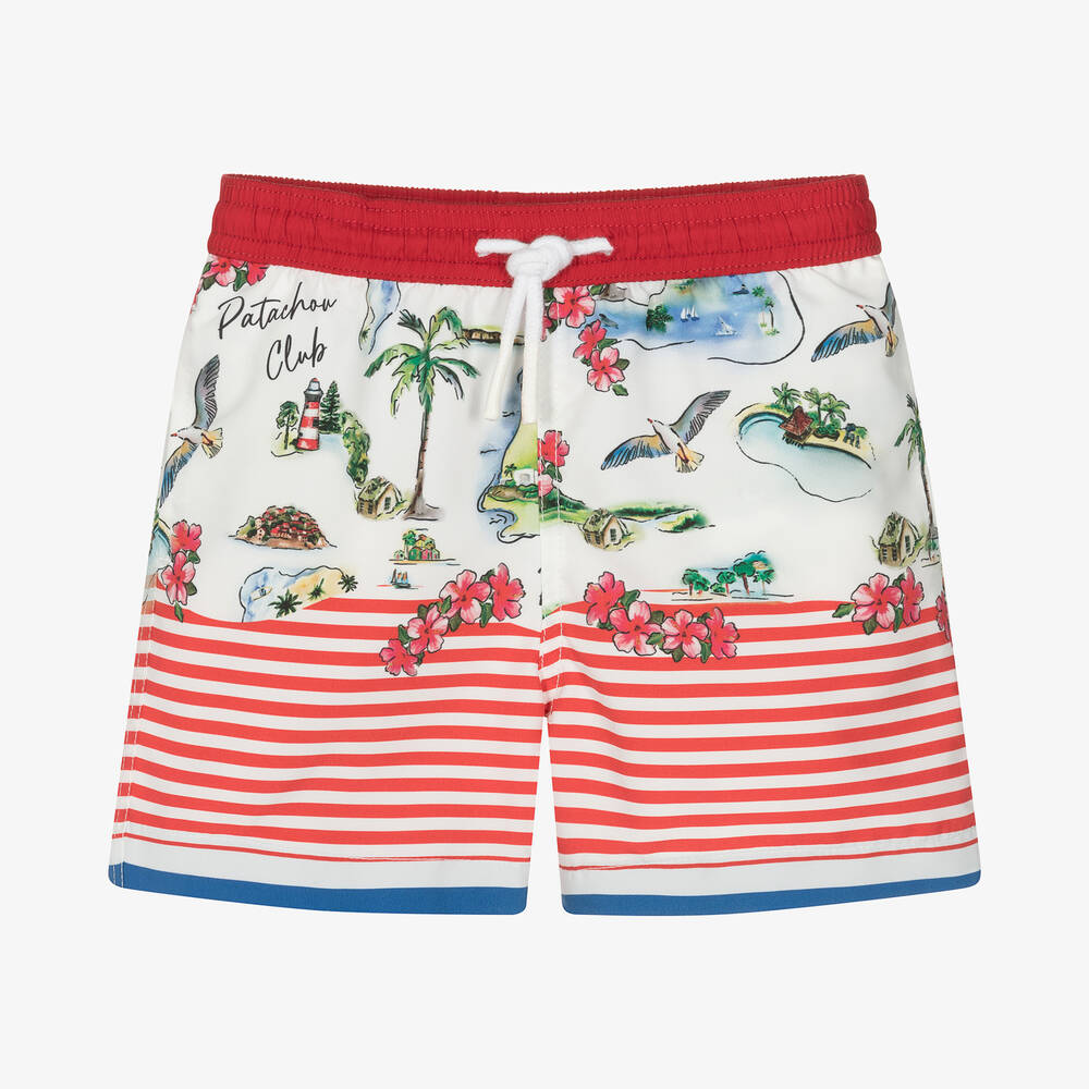 Patachou - Boys Red Island Stripe Swim Shorts (UV50) | Childrensalon