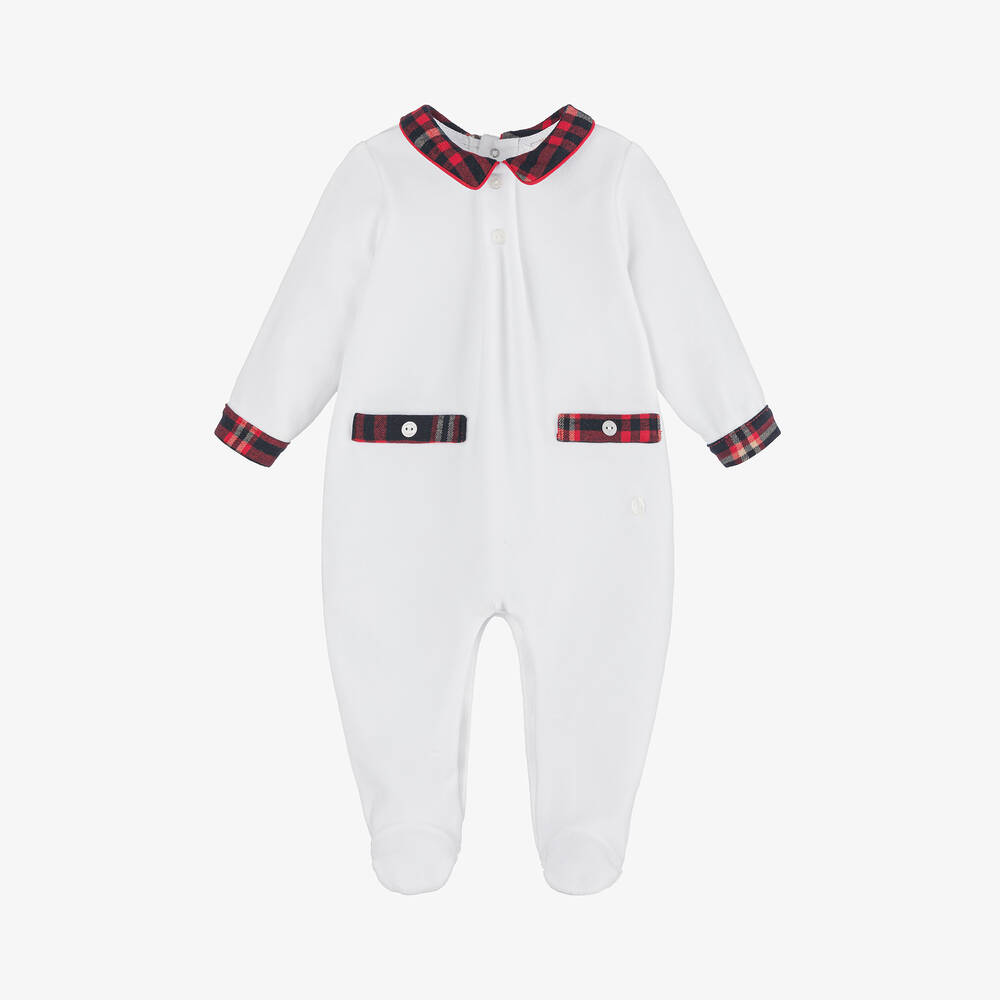 Patachou - Boys White Velour & Red Tartan Babygrow | Childrensalon