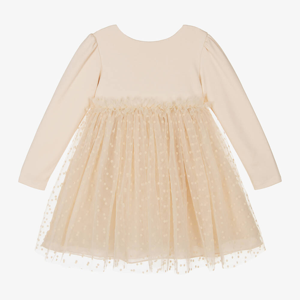 Patachou - Girls Beige Cotton Jersey & Tulle Dress | Childrensalon