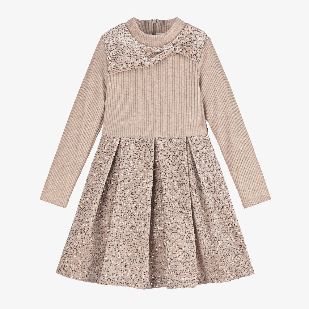 Patachou - Girls Beige & Gold Sequin Velour Dress | Childrensalon