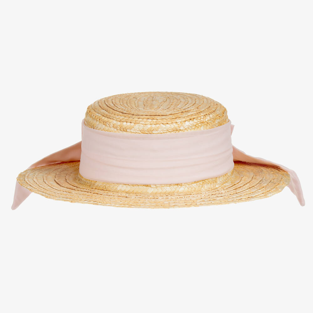 Patachou - Girls Beige & Pink Straw Sun Hat | Childrensalon