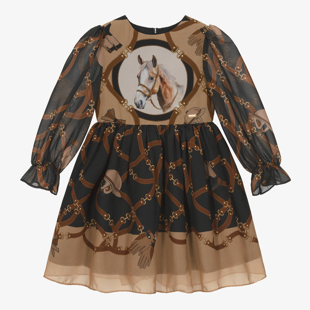 Patachou - Girls Black Chiffon Horse Print Dress | Childrensalon