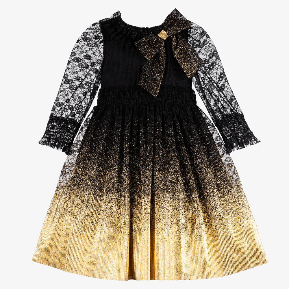 Patachou - Girls Black & Gold Lace Dress | Childrensalon