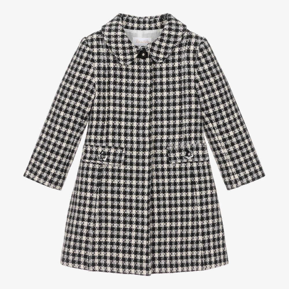 Patachou - Girls Black & Ivory Check Tweed Coat | Childrensalon