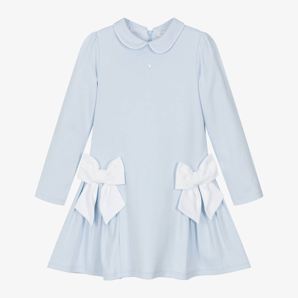 Patachou - Girls Blue Cotton Jersey Bow Dress | Childrensalon