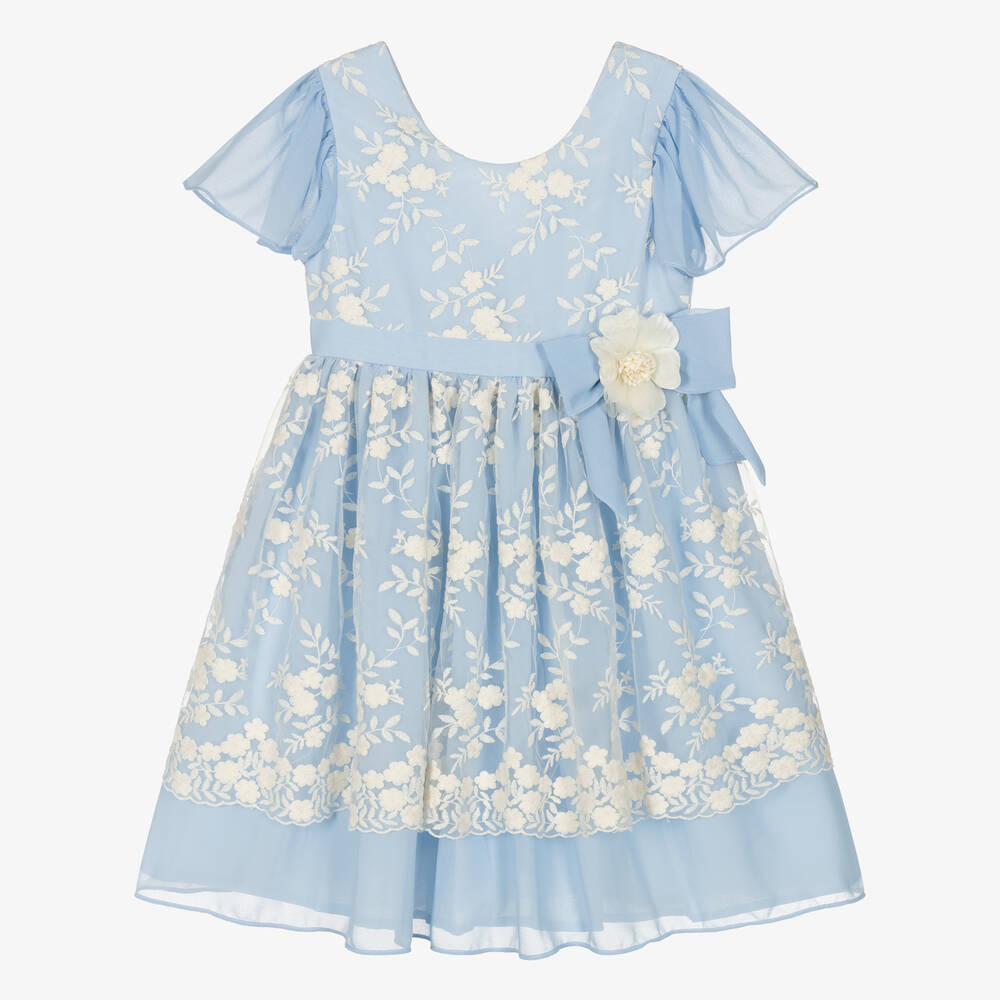 Patachou - Girls Blue Embroidered Chiffon Dress | Childrensalon