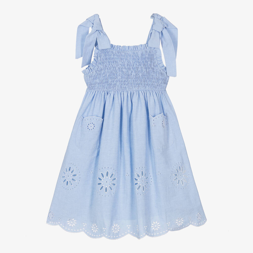 Patachou - Girls Blue Embroidered Cotton Dress | Childrensalon