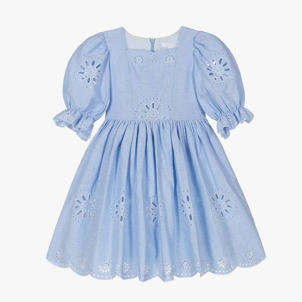 Patachou - Girls Blue Embroidered Cotton Dress | Childrensalon