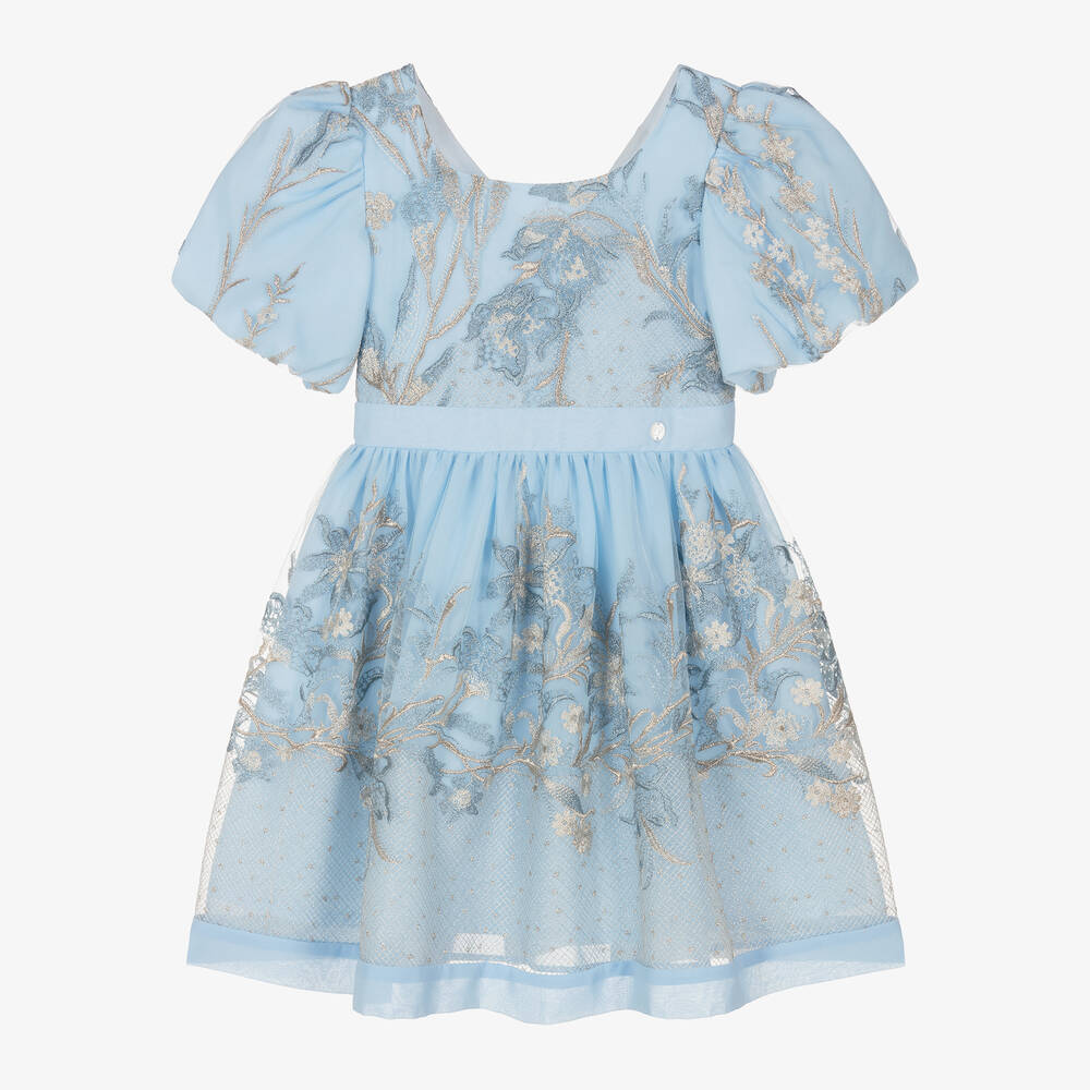 Patachou - Girls Blue Embroidered Tulle & Chiffon Dress | Childrensalon