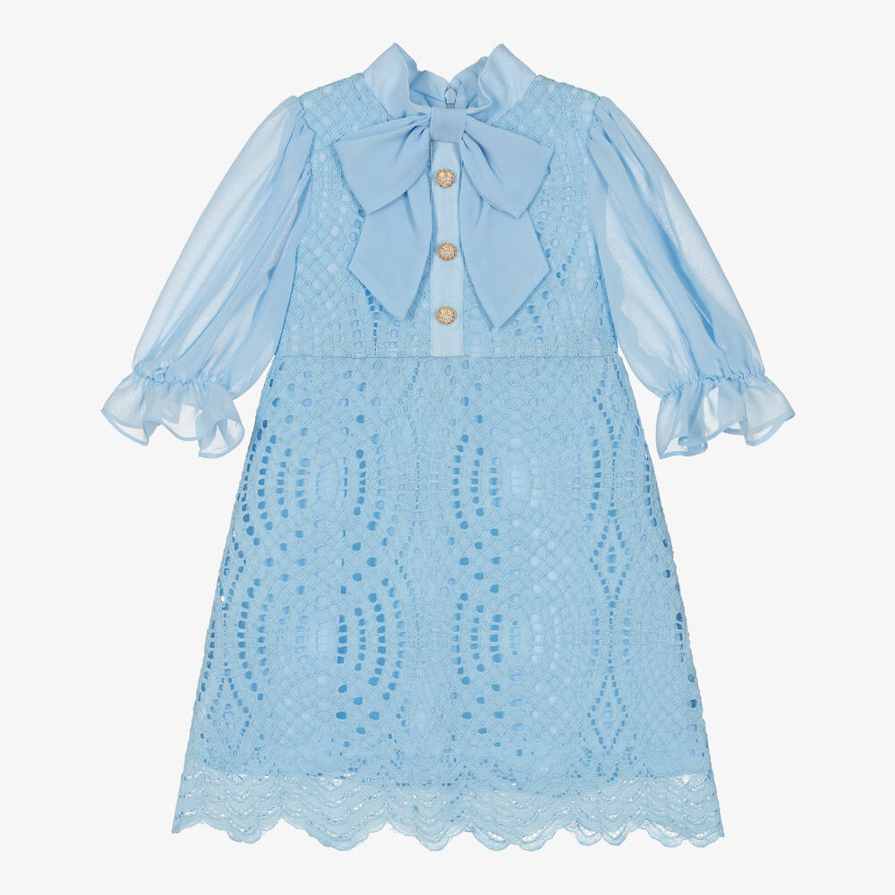 Patachou - Girls Blue Lace & Chiffon Bow Dress | Childrensalon