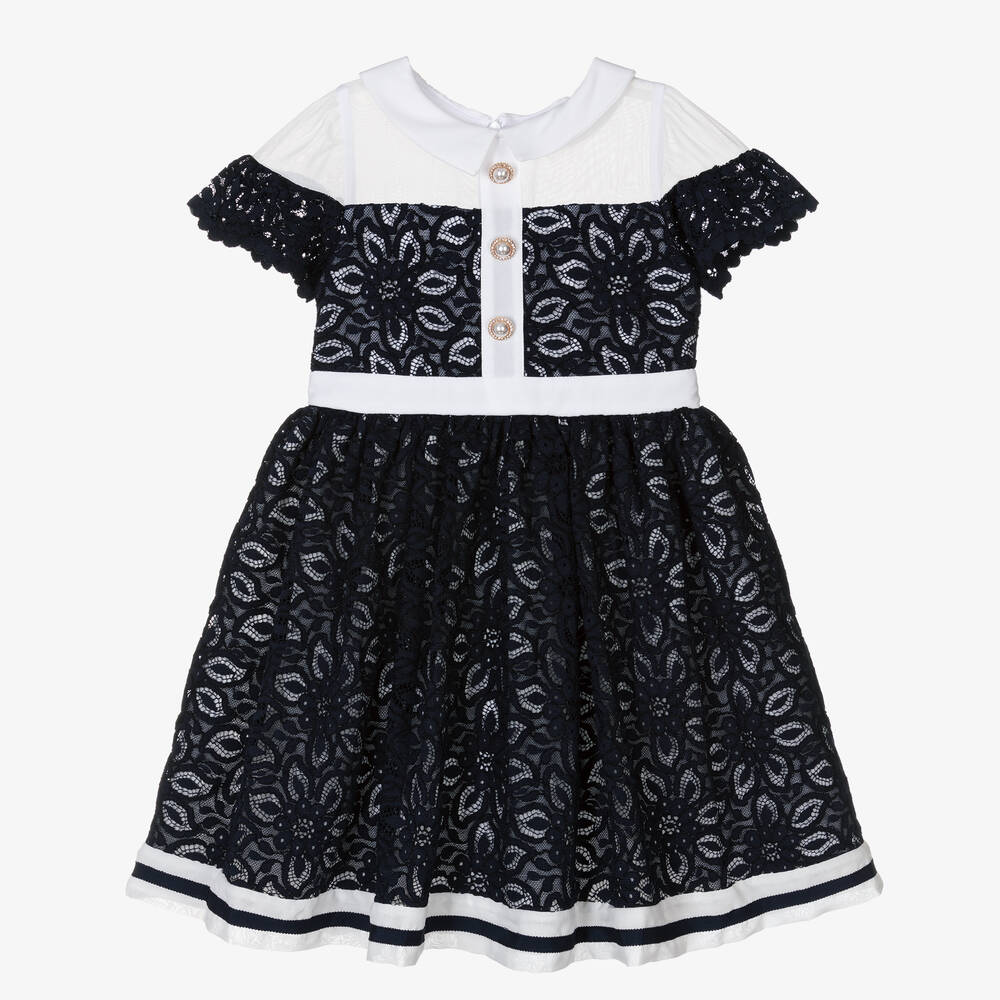 Patachou - Girls Blue Lace & Ivory Chiffon Dress | Childrensalon