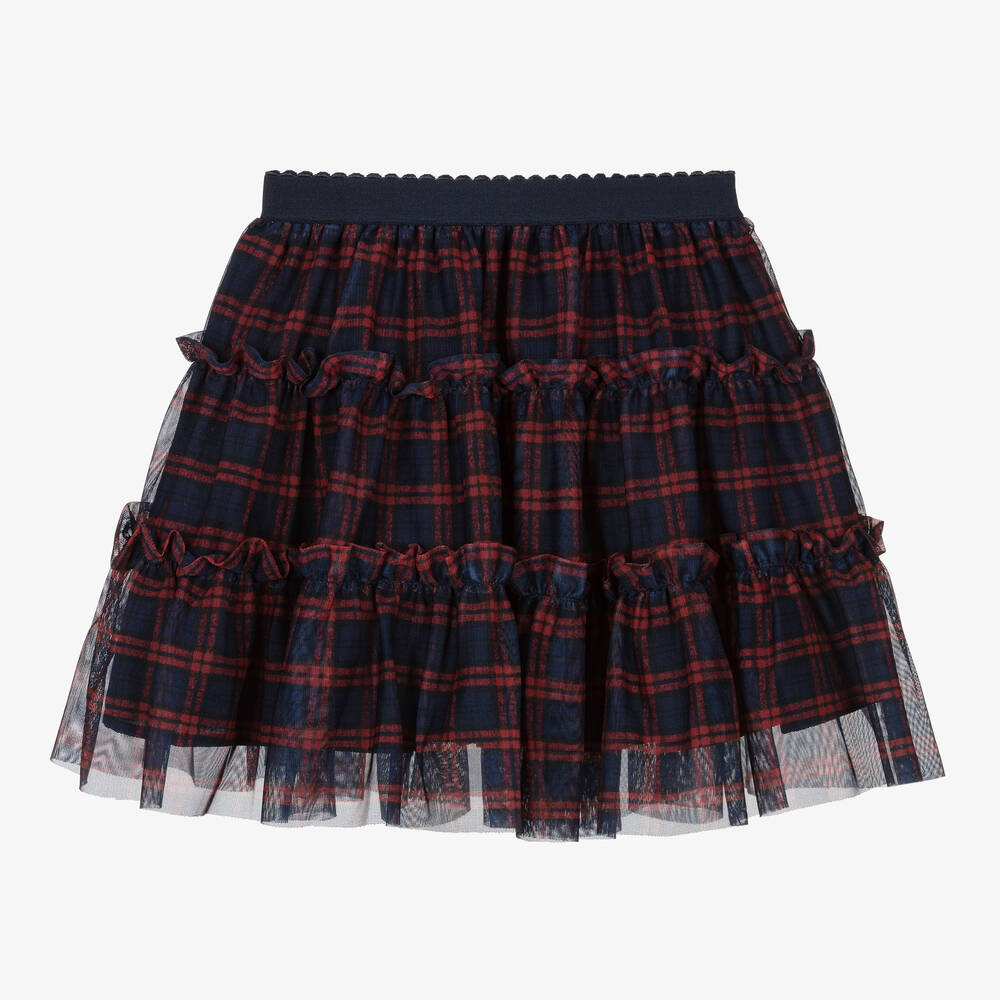 Patachou - Girls Blue & Red Tartan Tulle Skirt | Childrensalon