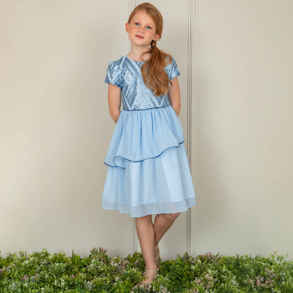 Patachou - Girls Blue Sequin Tulle & Chiffon Dress | Childrensalon