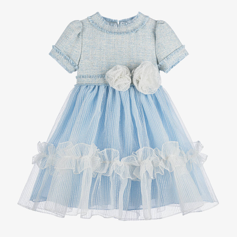 Patachou - Girls Blue Tweed & Striped Organza Dress | Childrensalon