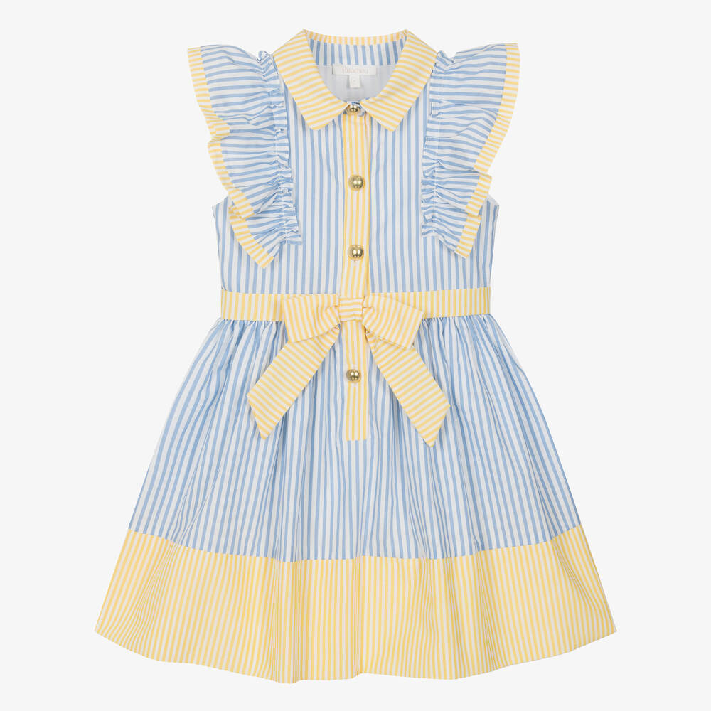 Patachou - Girls Blue & Yellow Stripe Poplin Dress | Childrensalon