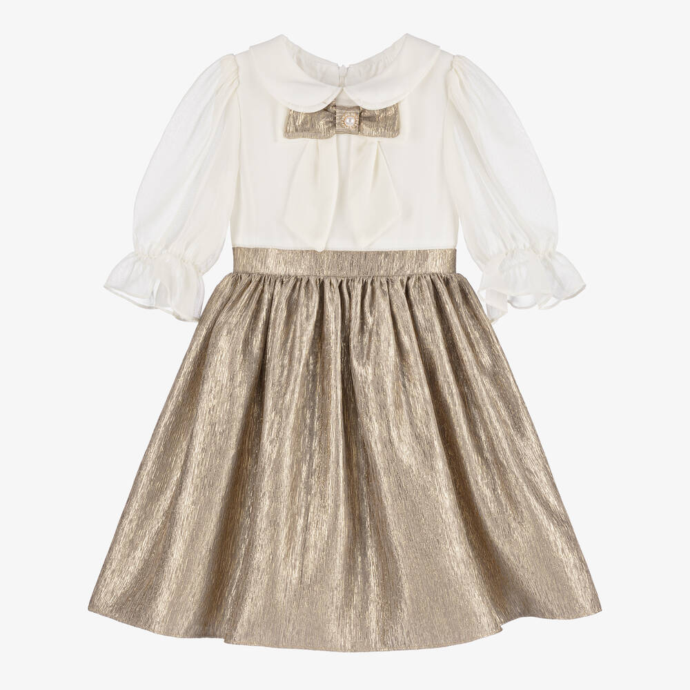 Patachou - Girls Gold & Ivory Bow Dress | Childrensalon