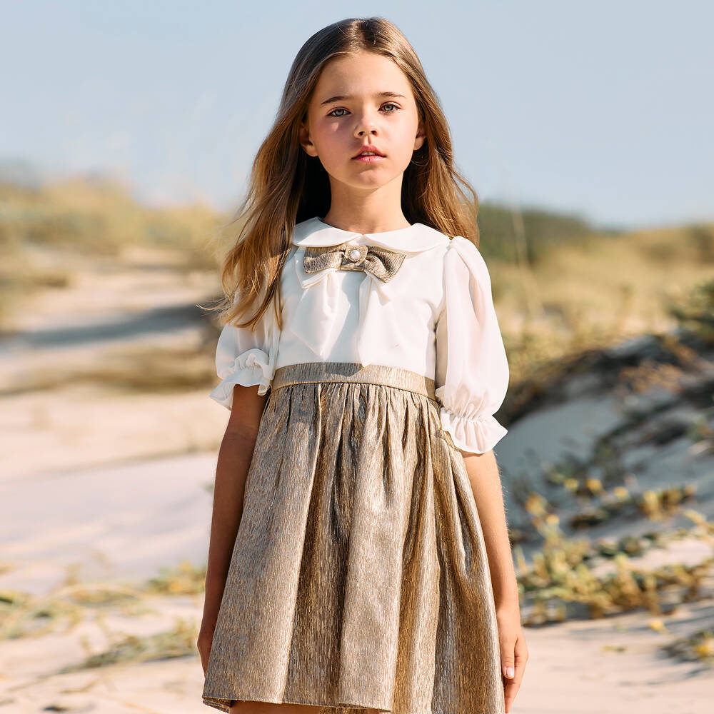 Patachou-Girls Gold & Ivory Bow Dress | Childrensalon