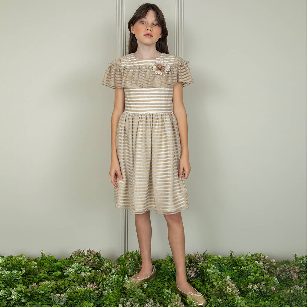 Patachou-Girls Gold Striped Tulle Dress | Childrensalon