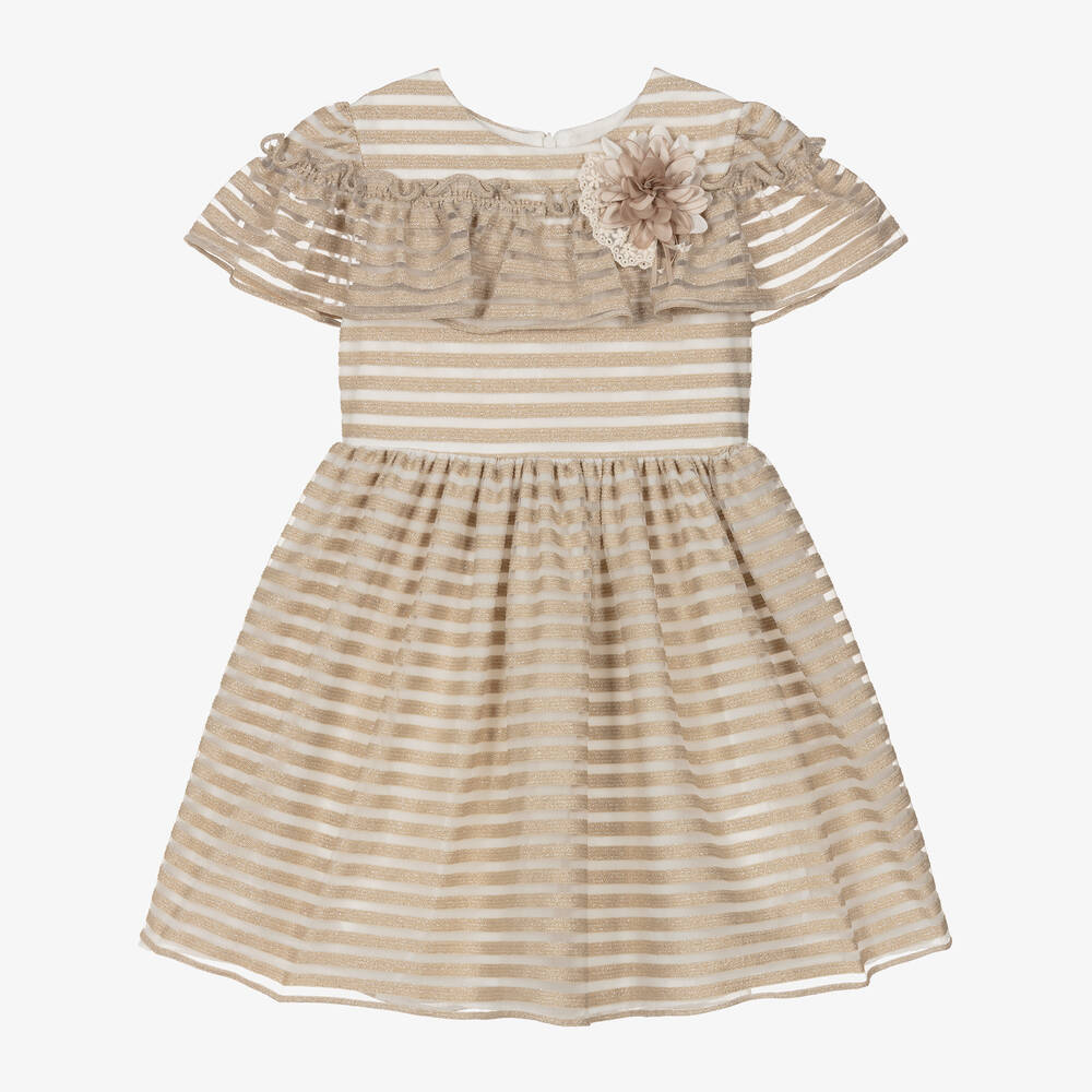 Patachou - Girls Gold Striped Tulle Dress | Childrensalon