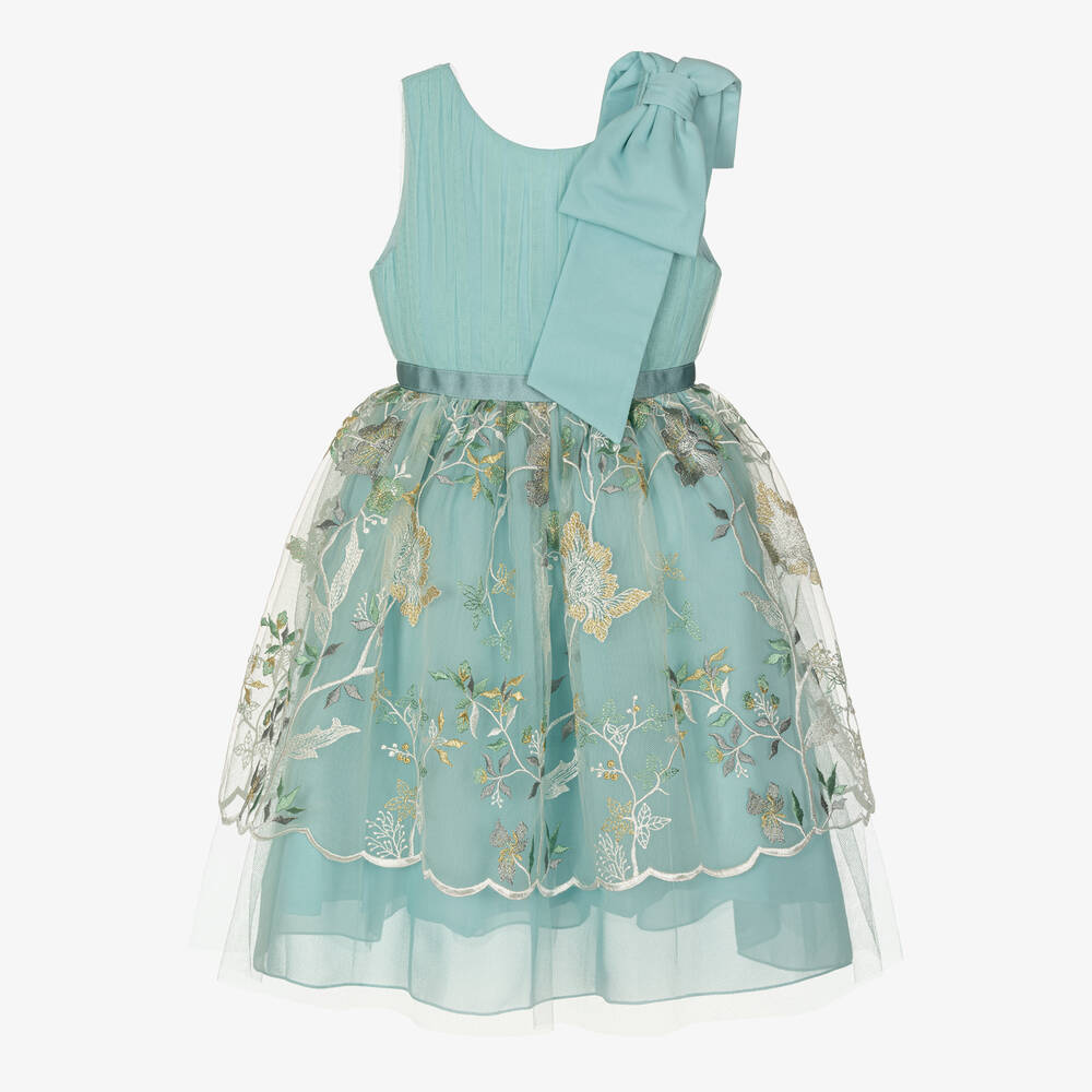 Patachou - Girls Green Embroidered Tulle Dress | Childrensalon