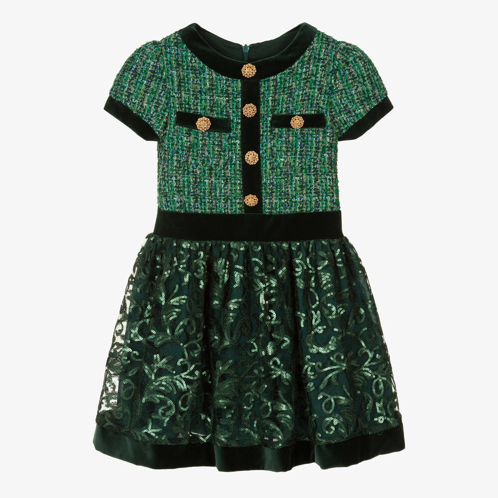 Patachou - Girls Green Tweed & Tulle Dress | Childrensalon