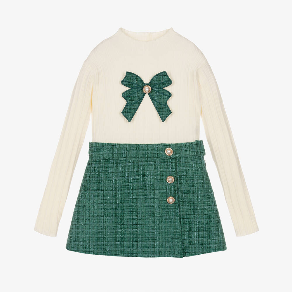 Patachou - Girls Green Viscose Tweed Skirt Set | Childrensalon