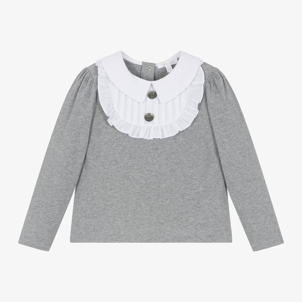 Patachou - Girls Grey Cotton Ruffle Top | Childrensalon