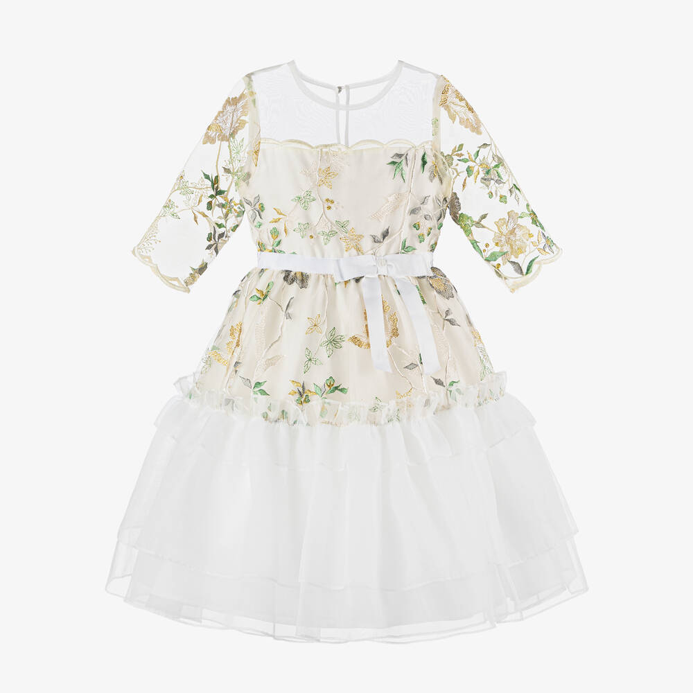 Patachou - Girls Ivory Embroidered Tulle & Chiffon Dress | Childrensalon