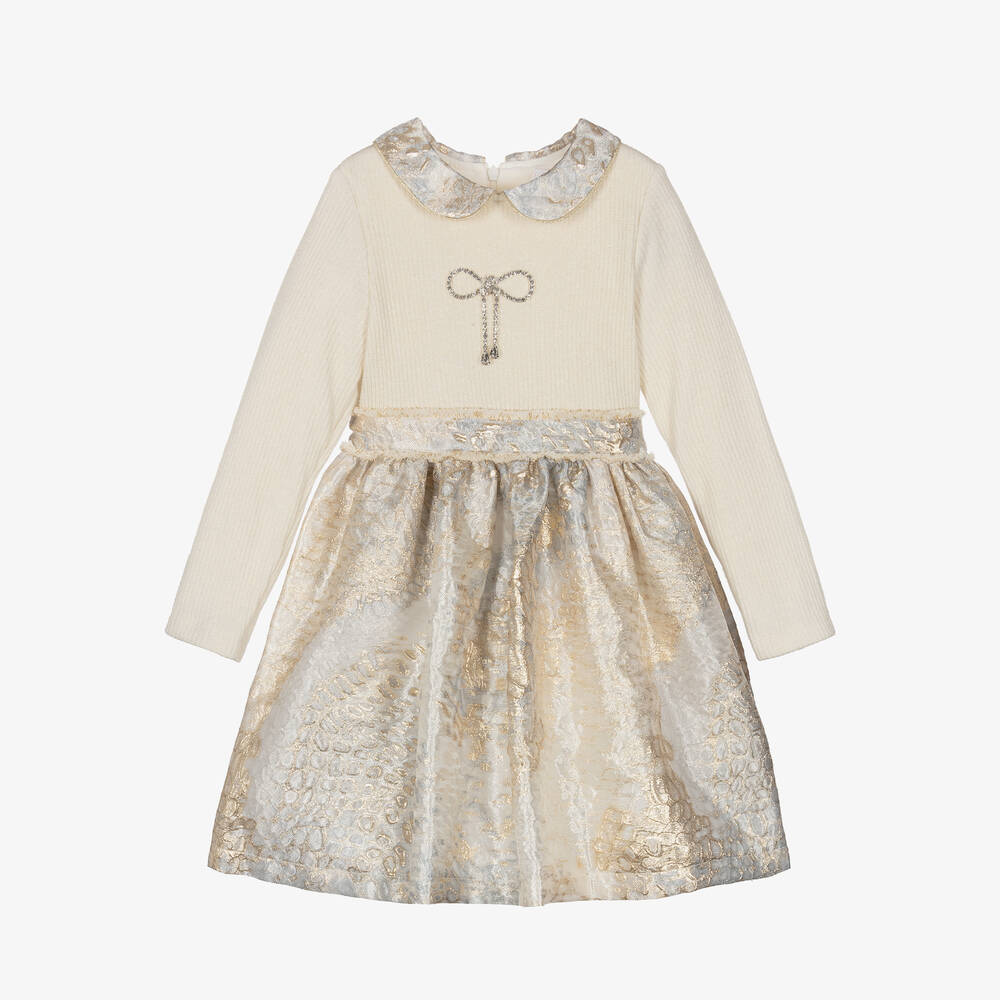 Patachou - Girls Ivory & Gold Collared Dress | Childrensalon