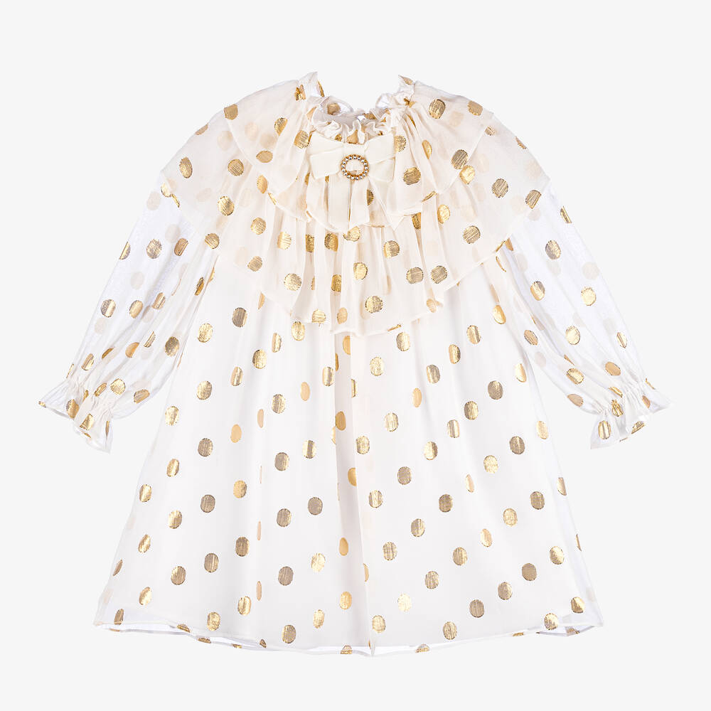 Shop Patachou Girls Ivory & Gold Dot Silk Chiffon Dress