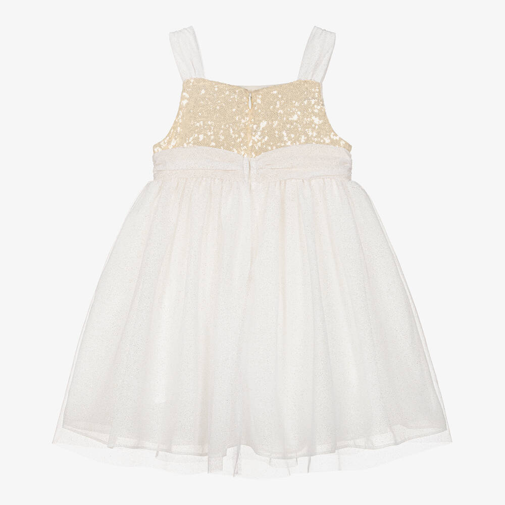 Patachou - Girls Ivory & Gold Sequin Tulle Dress | Childrensalon